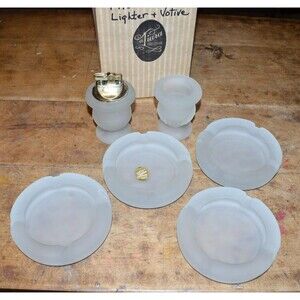Vtg Tiara Frosted Glass Smoking Set Desk Lighter Cigarette Holder & Ashtrays MCM
